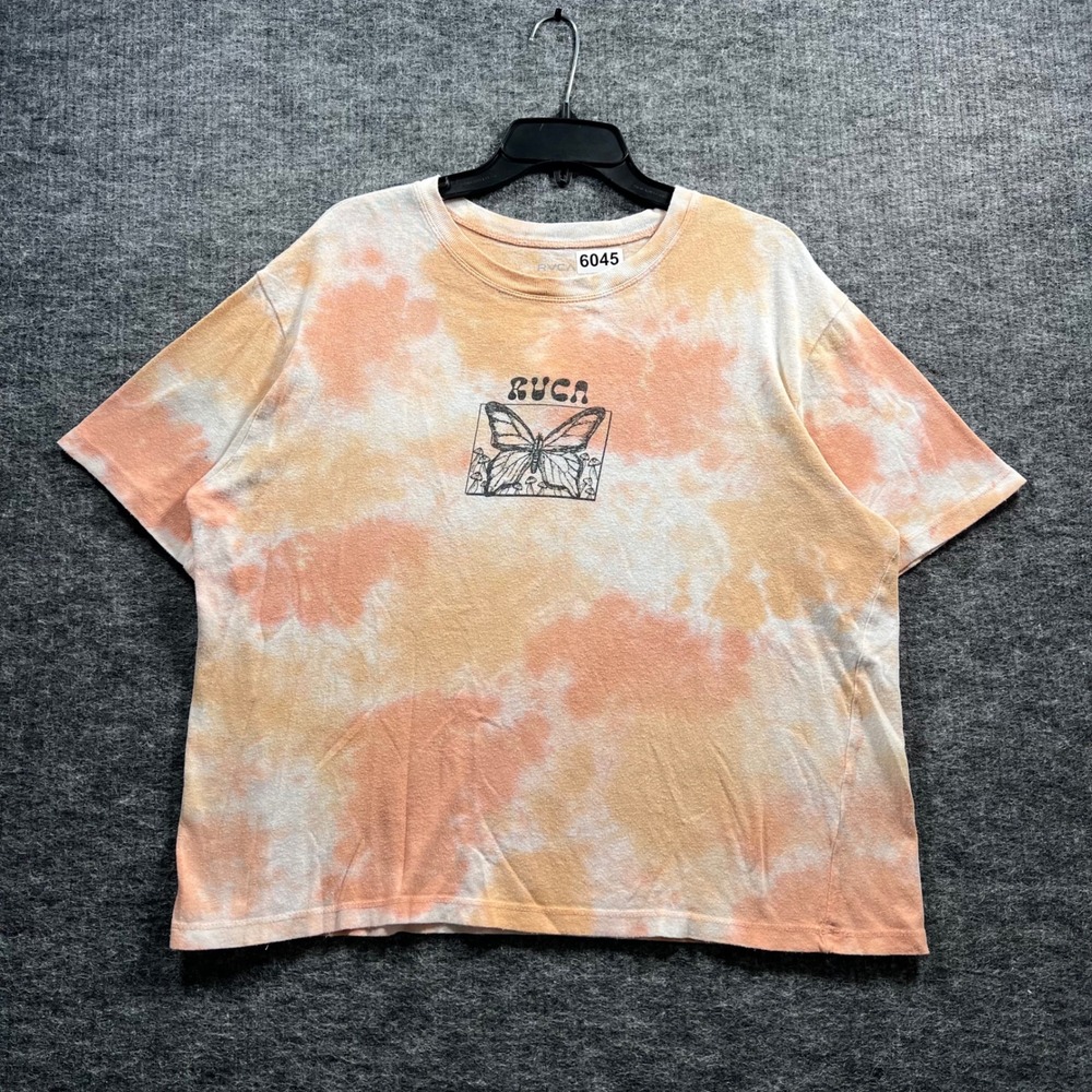 RVCA Womens Medium Orange Tie Dye Butterfly Mushroom Graphic Boxy Cropped Tee